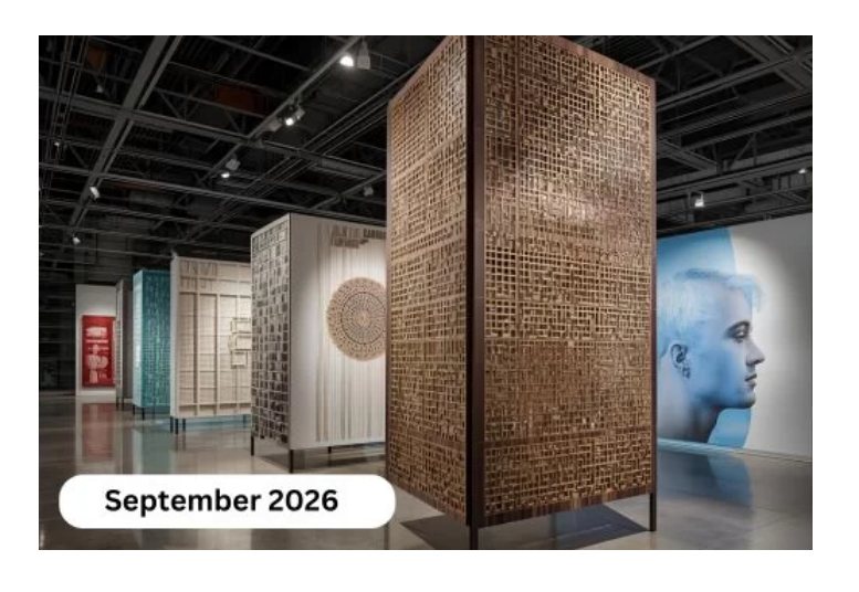 Sala de exposición de la 27ª Bienal de Alejandría con paneles caligráficos y un retrato monumental