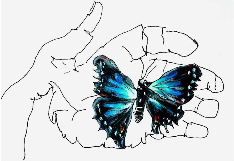 Dibujo de una mano sosteniendo una mariposa azul, de Eduardo Sourrouille