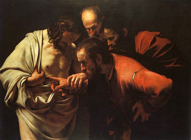 Caravaggio, La incredulidad de Santo Tomás: cuatro cabezas en la penumbra y un dedo hundido en el costado de Cristo