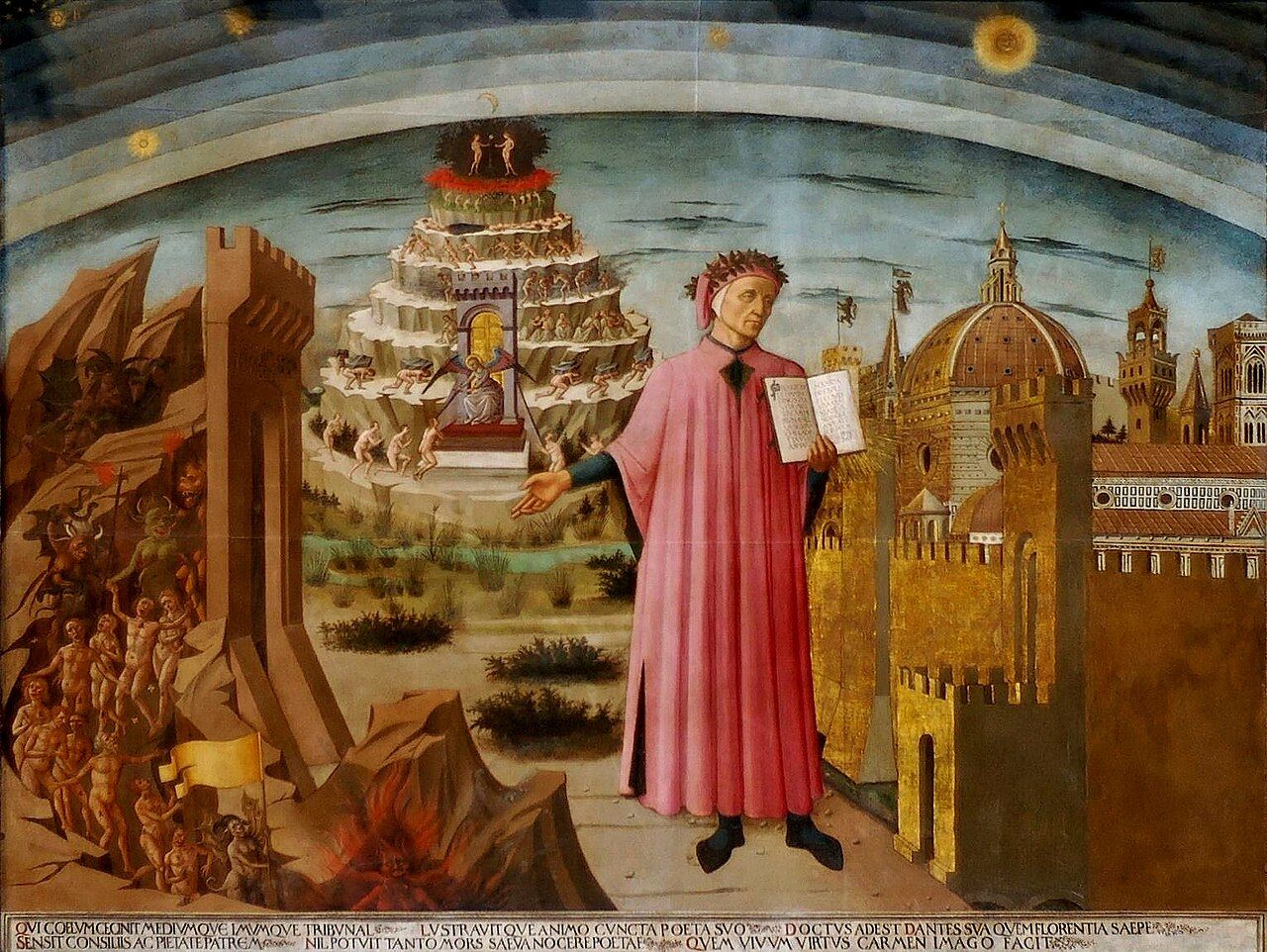 Domenico di Michelino, La Divina Comedia ilumina Florencia: Dante con el libro entre el Infierno, el Purgatorio y el Paraíso