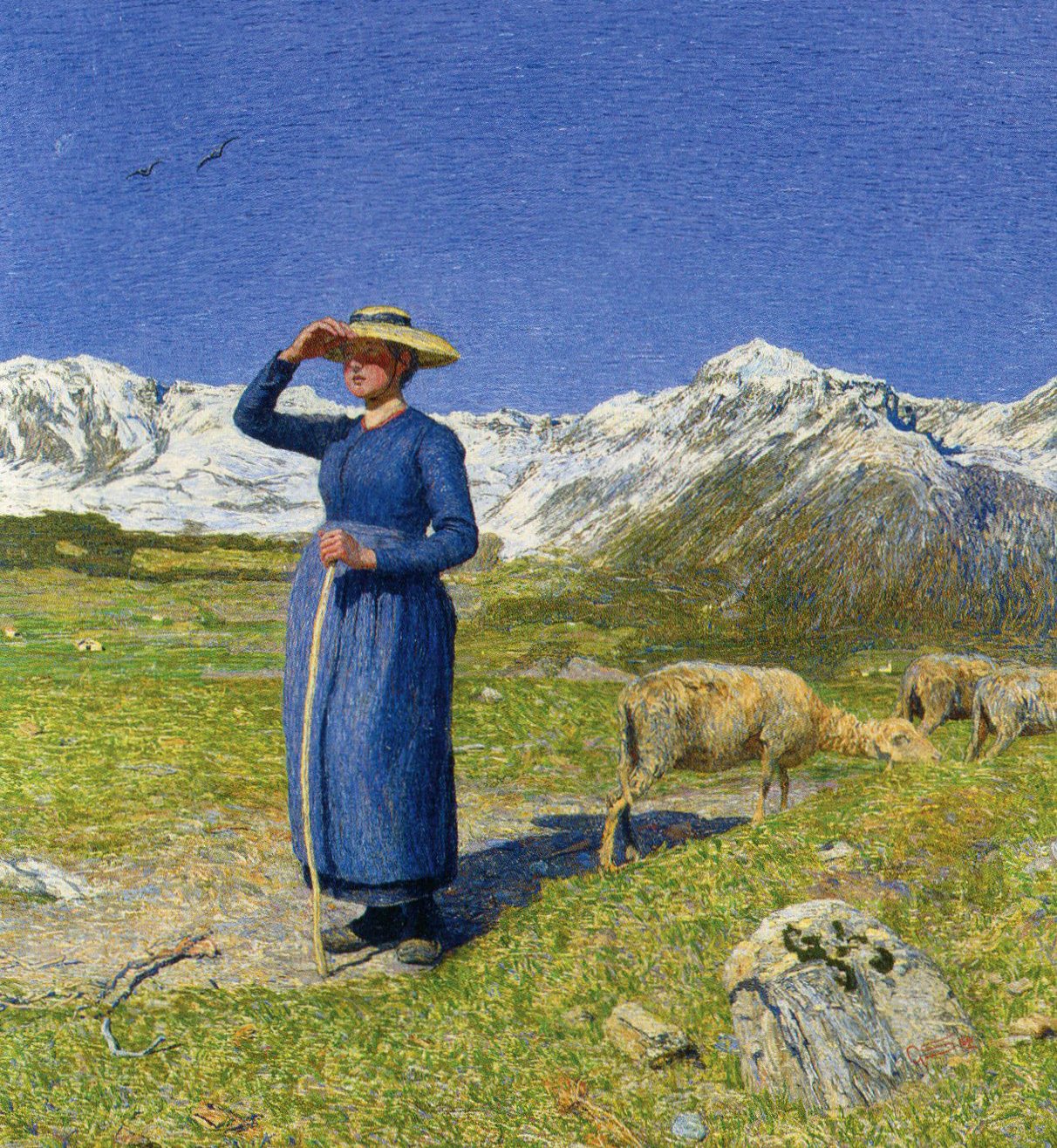 Giovanni Segantini, Mediodía en los Alpes: una pastora con sombrero de paja y ovejas ante las cumbres nevadas
