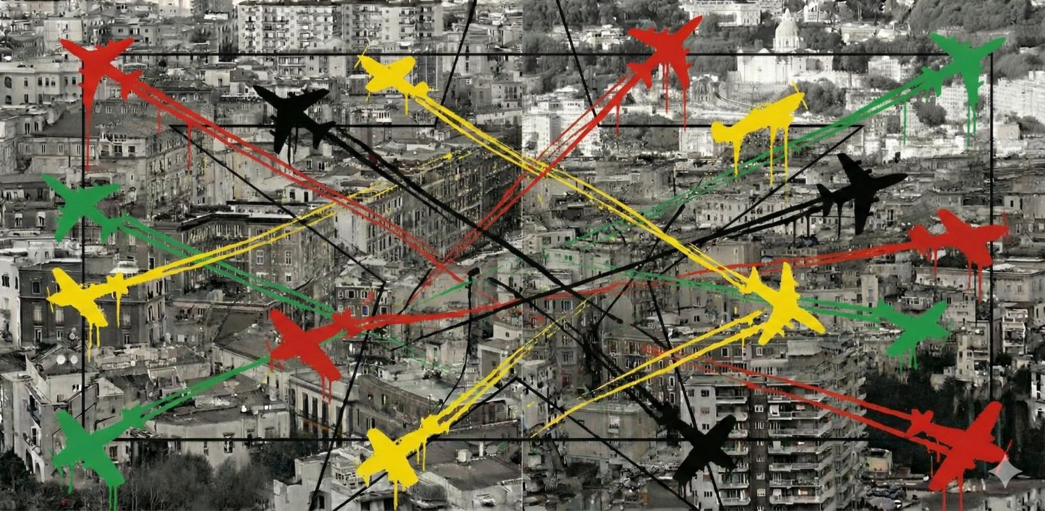 Aviones de colores sobre la ciudad