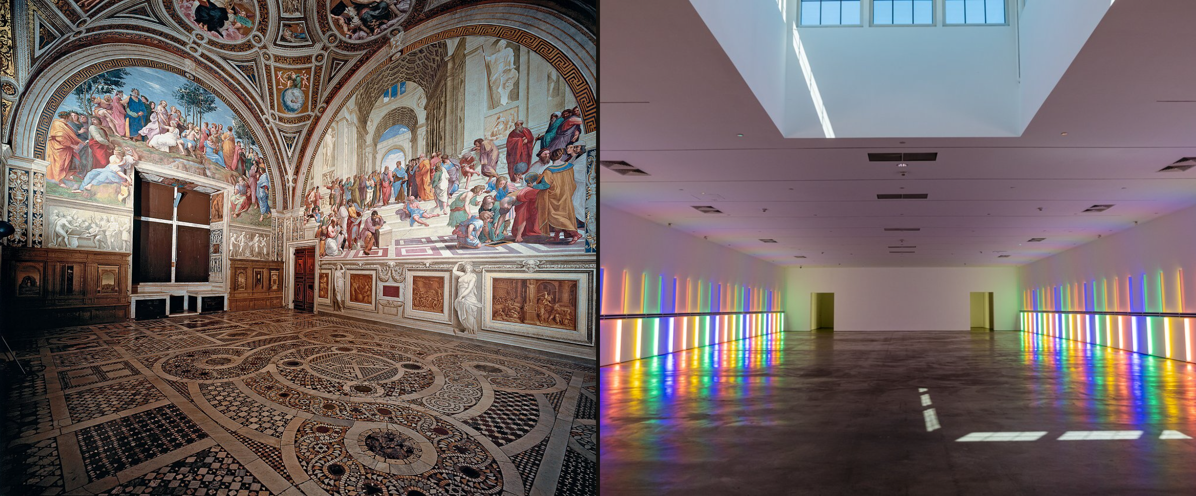 A la izquierda, la Estancia de la Signatura de Rafael en los Museos Vaticanos; a la derecha, la sala de Dan Flavin en Richmond Hall, Houston.