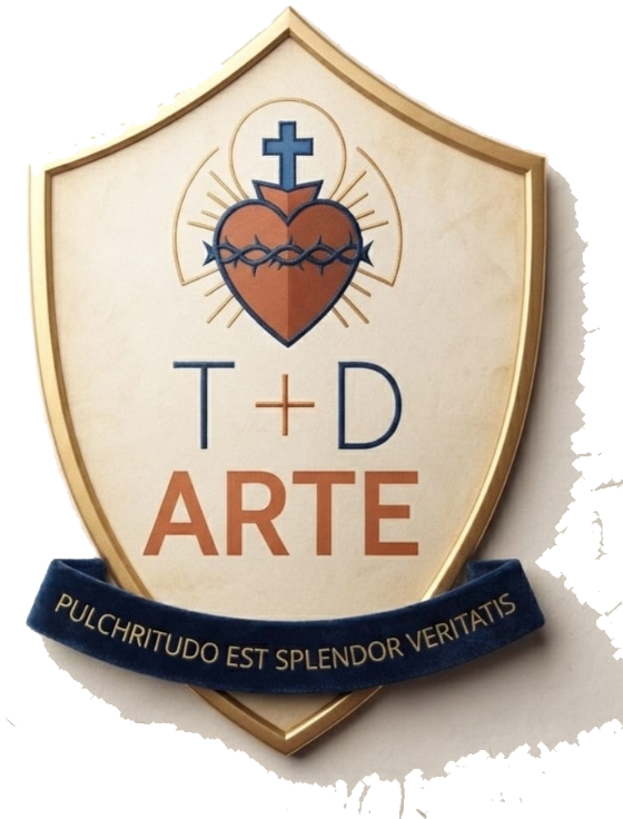 Escudo de Temas de ARTE: Corazón con cruz y corona de espinas sobre campo de plata, monograma T+D, la palabra ARTE y una divisa con el lema Pulchritudo est splendor veritatis